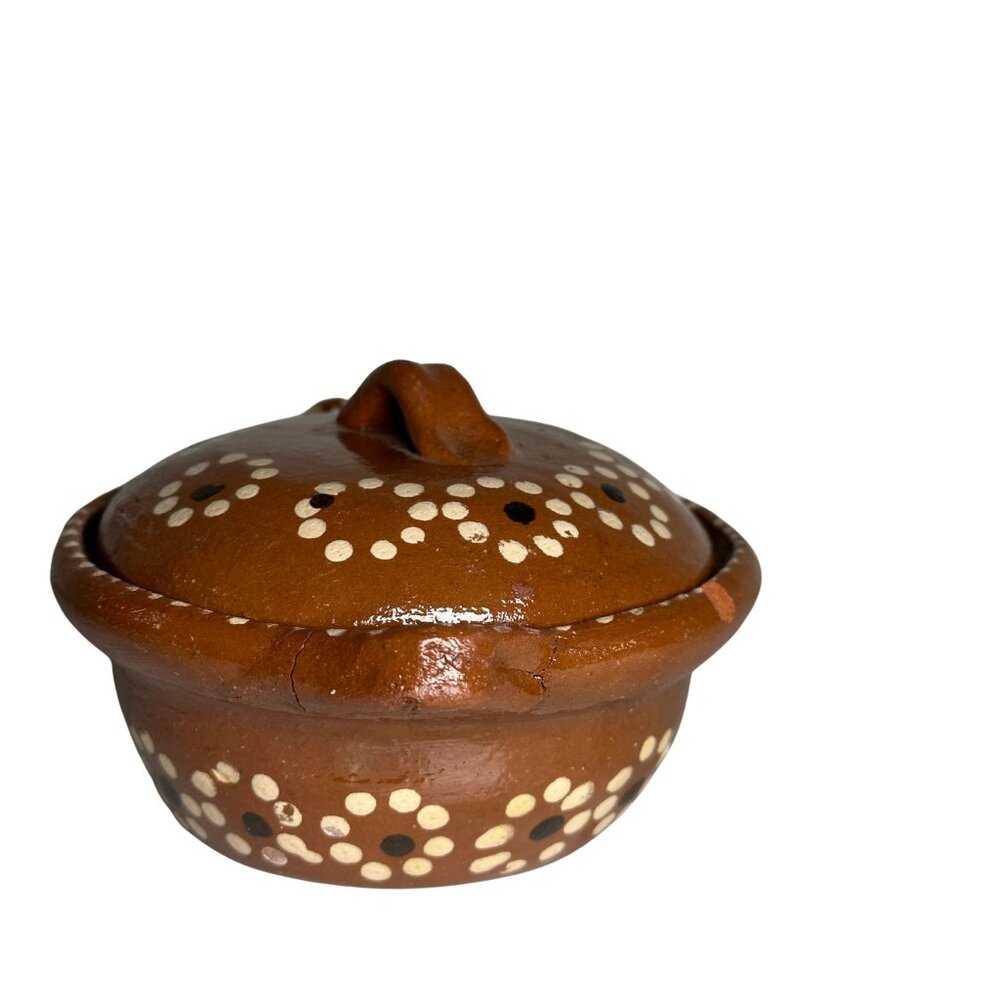 Handmade Terracotta Lidded Bowl | Mexican Folk Pottery Cazuela Repaired Handle - Picture 2 of 9